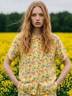 Vintage Yellow Flamingo Print Shirt Sz L Pink Hawaiian Button Up Dopamine Retro